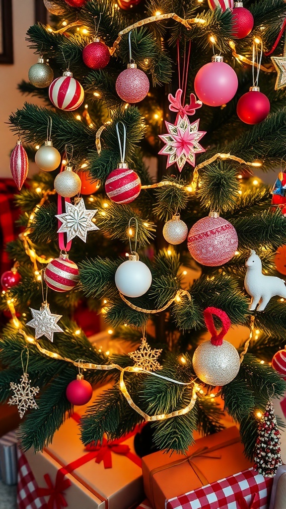 A Christmas tree with colorful homemade ornaments and wrapped gifts underneath.